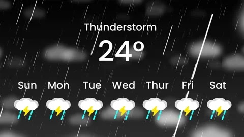 Thunderstorm Weather Widget Twenty Two Degrees Weekly Rain Icons Dark Black Stock Footage 334471614