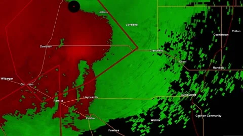 Thunderstorms with tornado warning and lightning on severe weather radar screen Vídeo Stock 153121359