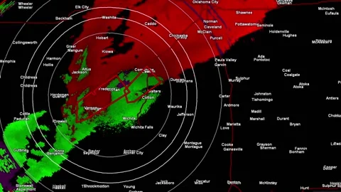Thunderstorms with tornado warning and lightning on severe weather radar screen Stock-Footage 153121516