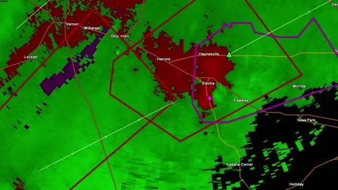 Thunderstorms with tornado warning and lightning on severe weather radar screen Stockbeeldmateriaal 153121627