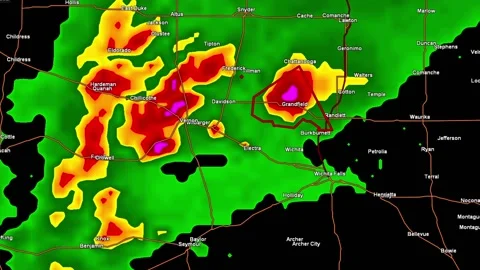 Thunderstorms with tornado warning and lightning on severe weather radar screen Stock-Footage 153121809