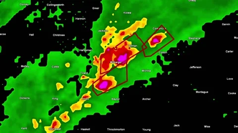 Thunderstorms with tornado warning and lightning on severe weather radar screen Stock Footage 153122323