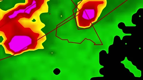 Thunderstorms with tornado warning and lightning on severe weather radar screen Vídeo Stock 153122409
