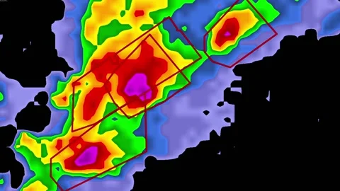 Thunderstorms with tornado warning and lightning on severe weather radar screen Stock Footage 153122590