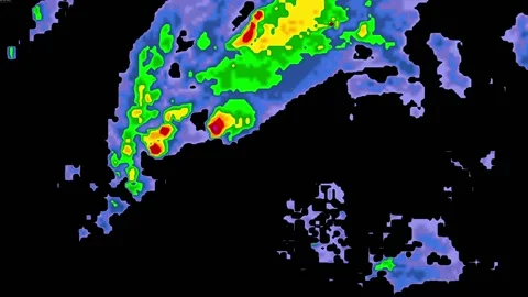 Thunderstorms with tornado warning and lightning on severe weather radar screen Stock Footage 153122911