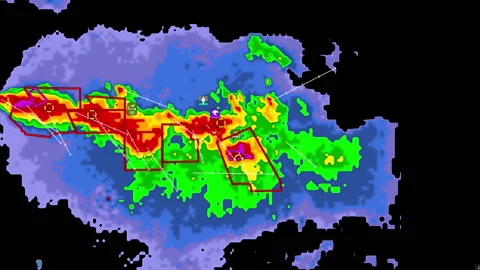 Thunderstorms with tornado warning and lightning on severe weather radar screen Stock Footage 157928343