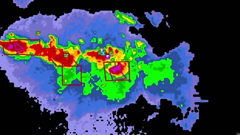 Thunderstorms with tornado warning and lightning on severe weather radar screen Stock Footage 157928667