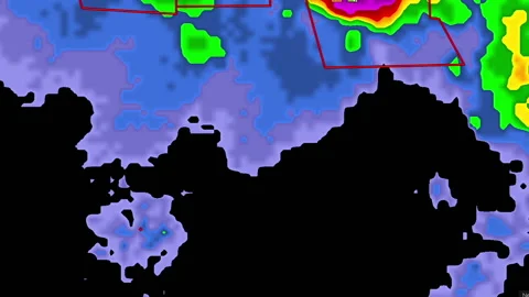 Thunderstorms with tornado warning and lightning on severe weather radar screen Stock Footage 157928943