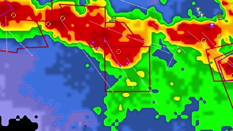 Thunderstorms with tornado warning and lightning on severe weather radar screen Stock Footage 157930060