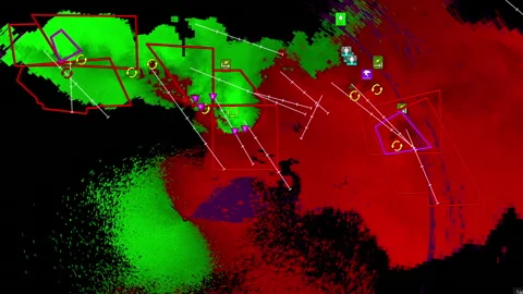 Thunderstorms with tornado warning and lightning on severe weather radar screen Stock Footage 157930519