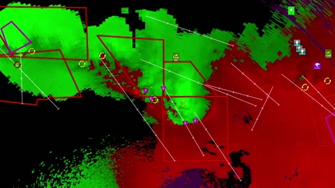 Thunderstorms with tornado warning and lightning on severe weather radar screen Stock Footage 157930994