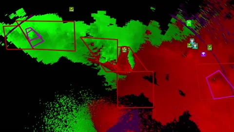 Thunderstorms with tornado warning and lightning on severe weather radar screen Stock Footage 157931211