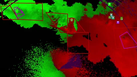 Thunderstorms with tornado warning and lightning on severe weather radar screen Stock Footage 157931433