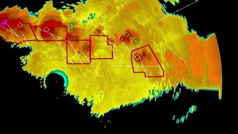 Thunderstorms with tornado warning and lightning on severe weather radar screen Stock Footage 157932080