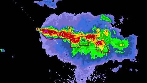 Thunderstorms with tornado warning and lightning on severe weather radar screen Stock Footage 157932578