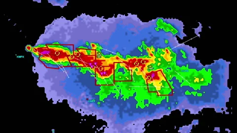 Thunderstorms with tornado warning and lightning on severe weather radar screen Stock Footage 157933901