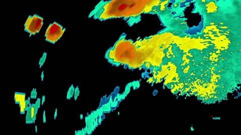 Thunderstorms with tornado warning and lightning on severe weather radar screen Vídeos de archivo 157939394