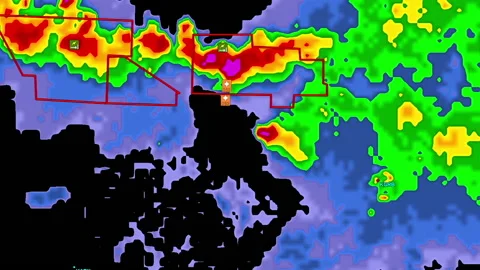 Thunderstorms with tornado warning and lightning on severe weather radar screen Vídeos de archivo 157940586