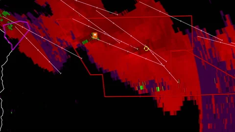 Thunderstorms with tornado warning and lightning on severe weather radar screen Vídeos de archivo 157942122