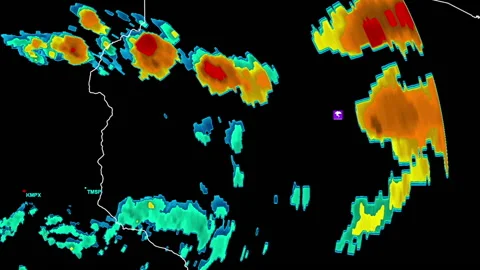 Thunderstorms with tornado warning and lightning on severe weather radar screen Stock Footage 157942314