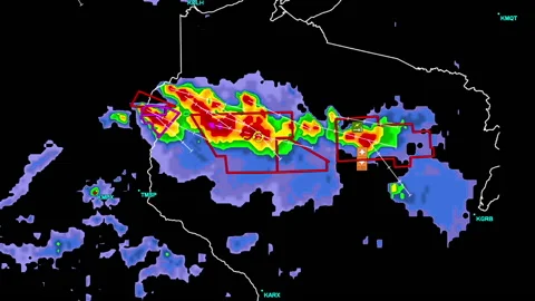 Thunderstorms with tornado warning and lightning on severe weather radar screen Stock Footage 157942838