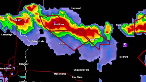 Thunderstorms with tornado warning and lightning on severe weather radar screen Stock Footage 157944100