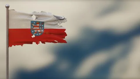 Thuringia 3D tattered waving flag illustration on Flagpole. Stock Illustration