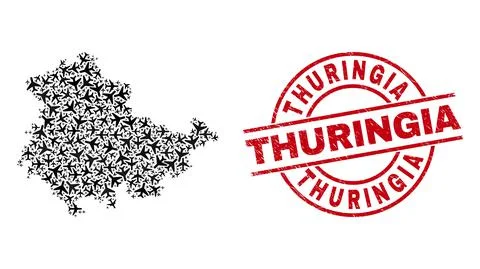 Thuringia Scratched Badge and Thuringia Land Map Airplane Collage Illustrazione stock