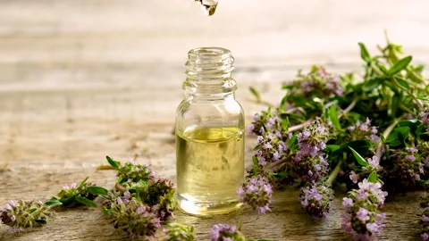 Thyme essential oil in a small bottle. Selective focus. Stock Footage 156377553