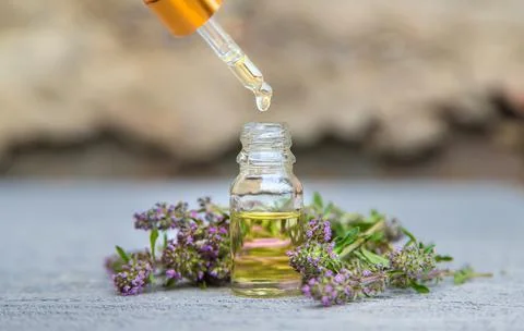 Thyme extract essential oil. Selective focus. nature. Stock Photos