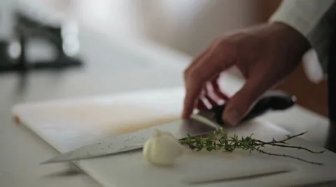 Thyme garlic and kitchen knife Stock Footage 39379879