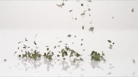 Thyme Leaves Pieces Bouncing Slow Motion White Tabletop Closeup Macro Food Stock Footage 335005232