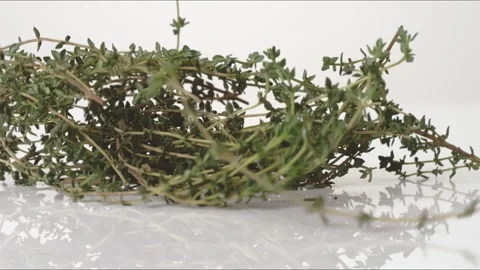 Thyme Sprigs Bunch Bouncing Slow Motion White Tabletop Closeup Macro Food Studio Stock Footage 335004730