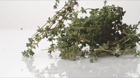 Thyme Sprigs Bunch Bouncing Slow Motion White Tabletop Closeup Macro Food Studio Stock Footage 335005345