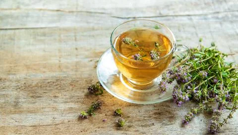 Thyme tea in a cup. Selective focus. Stock Photos