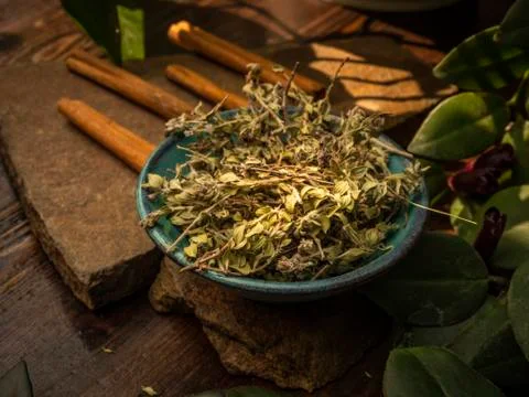 Thyme tea in a small plate with cinnamon sticks on a stone. Stock Photos