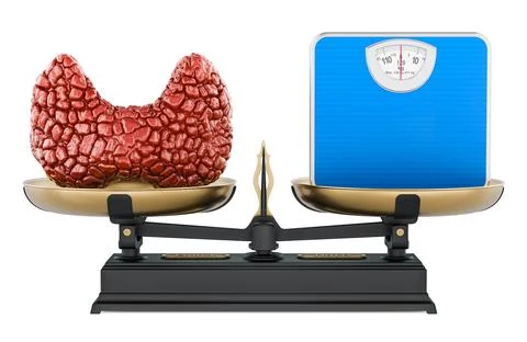 Thyroid gland and bathroom scale balanced on vintage scales. Thyroid hormon.. Illustrazione stock