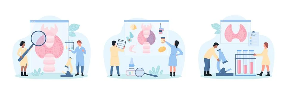 Thyroid health check by tiny doctors with magnifying glass and laboratory Stock Illustration