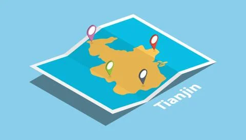 Tianjin explore maps with isometric style and pin location tag on top Stock Illustration