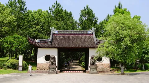 Tiantong Temple first gate and lions on either side, Ningbo, China, 4K Video stock 272269138