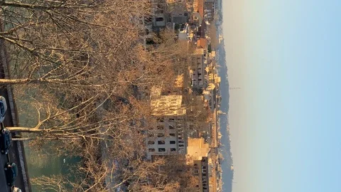 Tiber river and Rome panoramic view in the evening in winter. Vertical Stock Footage 124953734