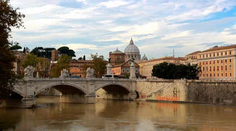 Tiber river bridge in Rome, St Peters dome back Stock Footage 37126982