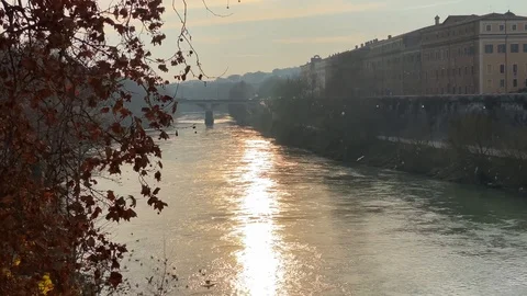 Tiber river at sunset in January in Rome, Italy Stock Footage 123852413
