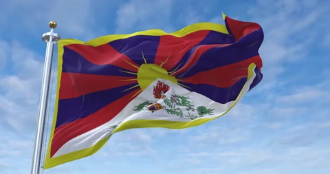 Tibet flag with flagpole waving in rolling clouds looping, 4K (Perfect Loop) Video stock 297785134