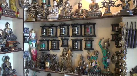 Tibetan buddhist souvenirs and objects in Dharamsala shop, India Stock-Footage 21229121