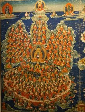  Tibetan Buddhist Thanka depicting the deities and Lamas of the Geluk Orde... Stock Photos