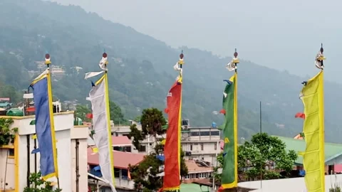 Tibetan Buddhist Vertical Large Silk Prayer flags Stock Footage 274091100