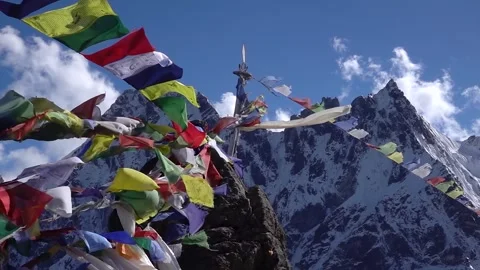 Tibetan colorful prayer flags flapping in the wind, himalaya Stock Footage 299301377