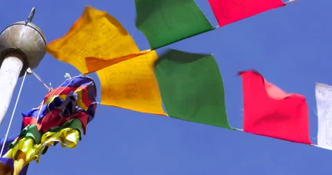 Tibetan flags in monastery waving in the wind Stock Footage 233106534