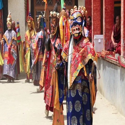 Tibetan men in mystical mask dancing mystery dance in Lamayuru, Ladakh, India Stock Footage